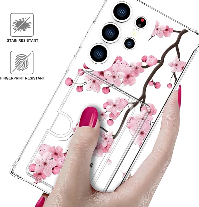 Compatible with Samsung Galaxy S24 Ultra Case Card Holder for Women Cute Design,Wallet Phone Cases Transparent Cool Kawaii Protective (Clear Sakura Peach Cherry)