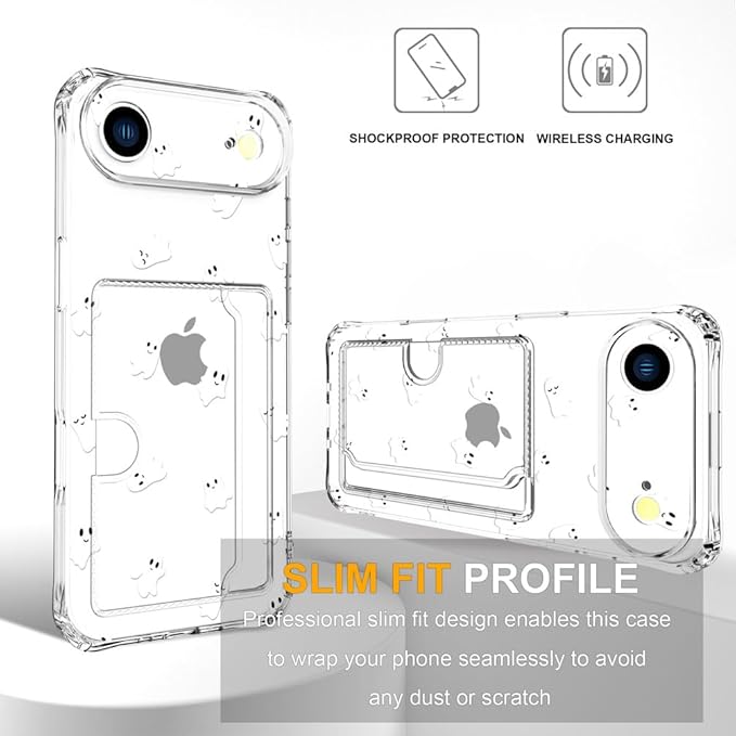 Compatible with iPhone 17 Air Case Card Holder for Women Cute Design,Wallet Phone Cases Transparent Cool Kawaii Protective (Clear Ghosts Halloween Hallowmas)
