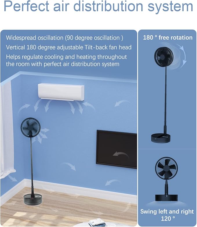 UN UNITEDTIME Foldable Fan Foldaway Oscillating with Remote Control, 10800mAh Battery Operated Fans, Portable for Outdoor, Courtyard, Beach,Travel, Room,4 Speeds, with Timer night light (Black)