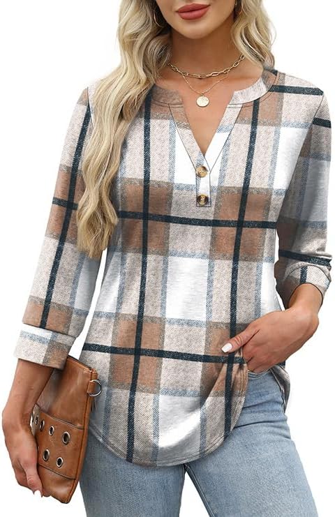 OFEEFAN Womens Tops 3/4 Sleeve Henley Shirts for Women Summer Outfits Fashion Clothing