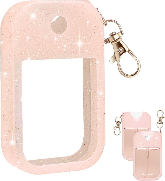 Palksky Hand Sanitizer Spray Glitter Case for Touchland,Silicone Case with Keychain for Power Mist and Glow Mist 1 fl oz(Glitter Sequin Blush Beige),Travel Size
