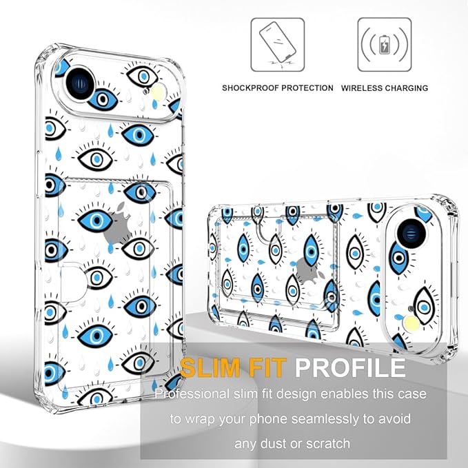 Compatible with iPhone 17 Air Case Card Holder for Women Cute Design,Wallet Phone Cases Transparent Cool Kawaii Protective (Clear Blue Evil Eyes)