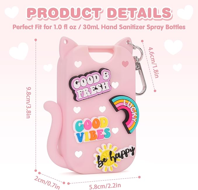 Silicone Case Holder Compatible with Hand Sanitizer Spray Touchland 1 fl oz, Cute Cat Ear Protective Case with Keychain & 4 Decorative Charms (Pink, 1P)