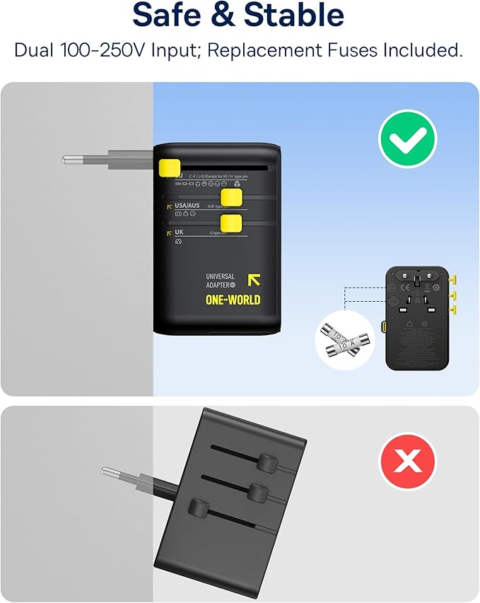 Baseus 70W Universal Travel Adapter, 6-in-1 International Plug Adapter with Retractable Cable, USB-C PD Fast Charging Worldwide Wall Charger for USA/EU/UK/AUS and Over 200 Countries - Enercore CG11
