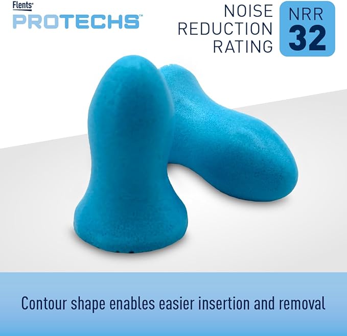 Flents Protechs Contoured for Comfort Foam Ear Plugs, Soft & Comfortable Hearing Protection for Work, Construction, Heavy Machinery, Studying, Travel & Sleep, NRR 32, Easy to Use, Blue, 10 Pairs