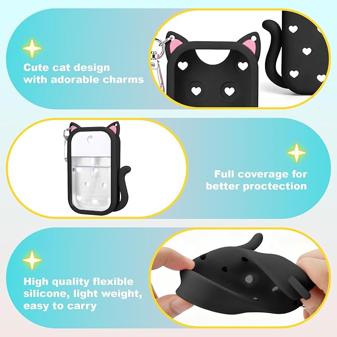 Juome Silicone Case for Touchland Hand Sanitizer Spray with Keychain & Charms, Cat Protective Holder Compatible with Touchland Power Mist & Glow Mist 1 FL Oz/30ML,Travel Cover Sleeve Accessory (Black)