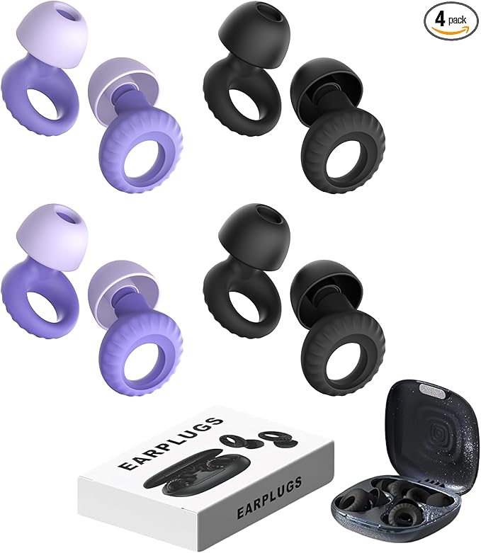 Silicone Ear Plugs for Sleeping, Noise Cancelling Reusable Earplugs with Comfortable Fit – Hearing Protection for Sleep, Concerts, Travel – 4 Pairs, Black + Purple