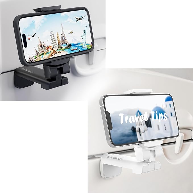 MiiKARE Airplane Travel Essentials Phone Holder, Universal Handsfree Phone Mount for Flying with 360 Degree Rotation, Accessory for Airplane, Travel Must Haves Phone Stand for Desk, Black&White