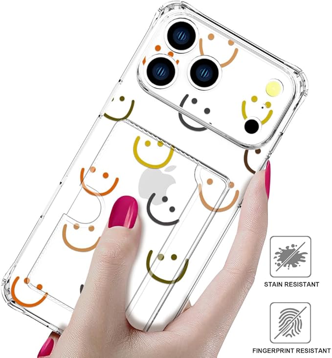 Compatible with iPhone 17 Pro Case Card Holder for Women Cute Design,Wallet Phone Cases Transparent Cool Kawaii Protective (Clear Smiley Face)