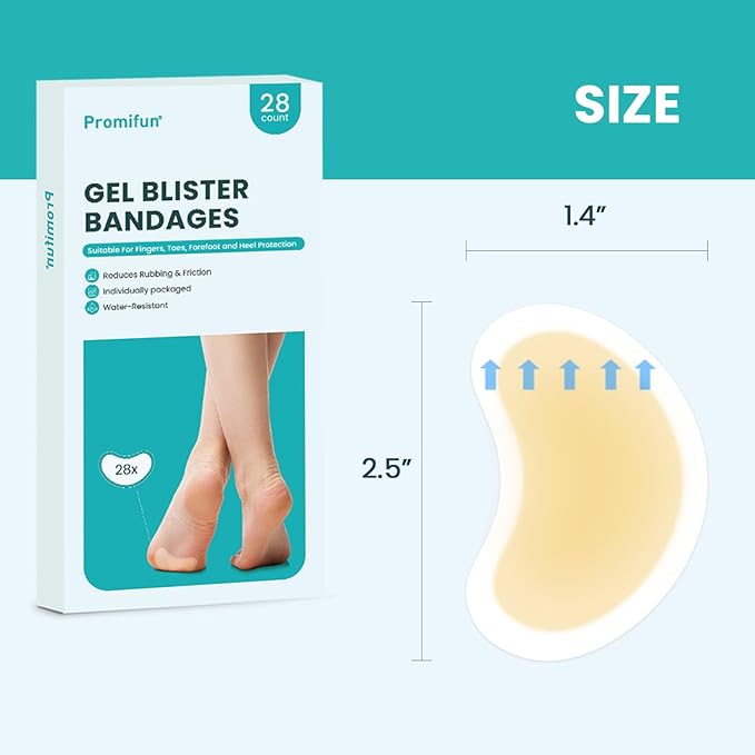 Promifun Blister Pads - 28 ct Water Resistant Hydrocolloid Bandages for Foot, Toe, Heel - Gel Blister Cushions for Prevention & Recovery, Spot Pack