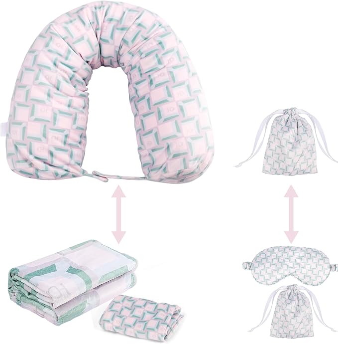 Travel Pillow with Detachable Flannel Blanket & Eye Mask – Plush Velvet Neck Support Pillow for Airplane,Car,Office Rest,Coordinated Digital Print Set (Green Pink Geometry, 60in * 79in)