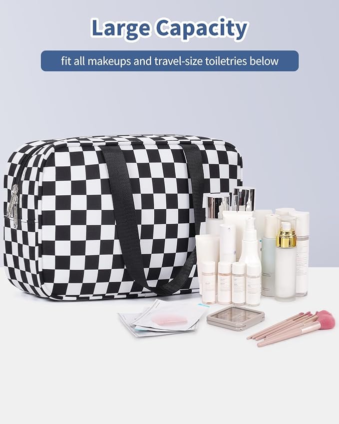 Narwey Large Toiletry Bag Women Cosmetic Bag Travel Makeup Bag Organizer Medicine Bag for Toiletries Essentials Accessories (Black Checkerboard, Large)