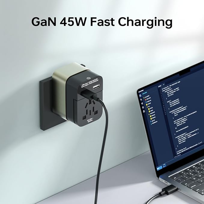 Universal Travel Adapter & Global Power Plugs & Outlets, GaN Fast Wall Charger with PD 3.0 USB-C & USB-A Ports, All-in-1 International Compact Adaptor for EU USA UK Aisa Hair Dryer Steam Iron Laptop