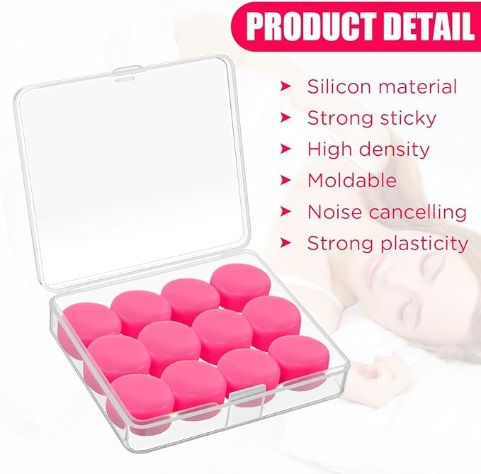 TrelaCo 12 Pack Soft Ear Plugs for Sleeping, Reusable Moldable Silicone Earplugs Noise Cancelling Reduction for Concerts, Swimming, Shooting, Snoring, Airplane, Musicians, Motorcycle (Rose Red)