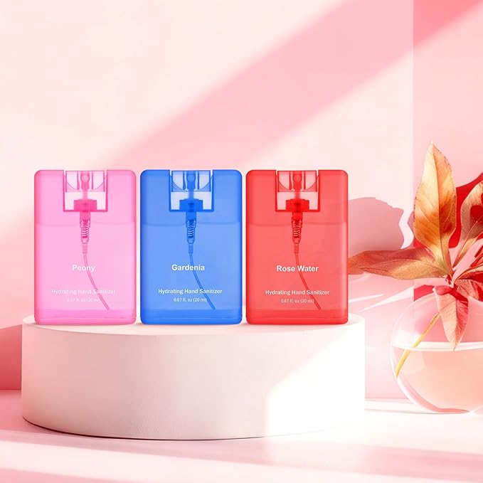 Set of 3 Power Mist Hydrating Hand Sanitizer Spray Travel Size Effective Moisturizing Hand Sanitizer 0.67 Fl. oz Compact Card Spray Bottle Peony Gardenia Rose Water for Mother's Day Mom Gifts