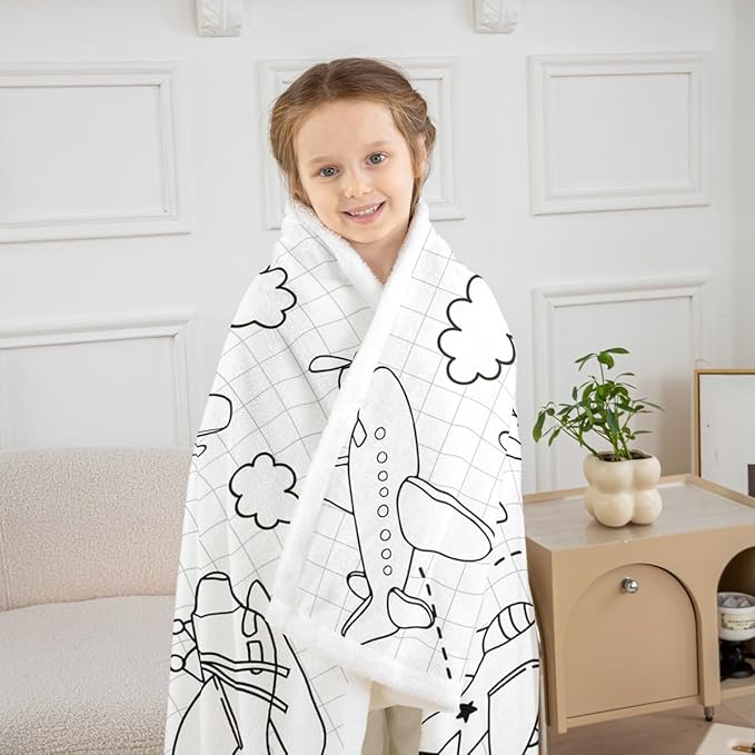 Cartoon Airplane Kids Throw Blanket,Cloud American Aircraft Cute Bed Blanket for Girls Boys Adults,Geometric Grids Patchwork Fleece Blanket,Black White Fuzzy Blanket,Twin Size (60 x 80 Inches)