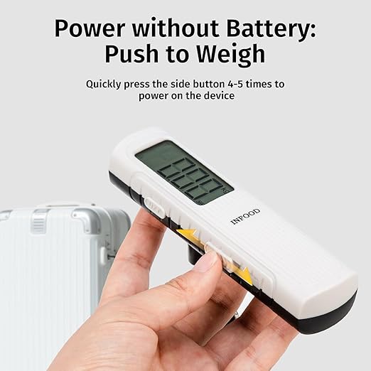 INFOOD Battery-Free Digital Luggage Scale, Suitcase Scale for Travel, Portable Luggage Weight Scale with Hook & LCD Display for Luggages, Packages & Bags, 110lb/50kg Handheld Scale, White