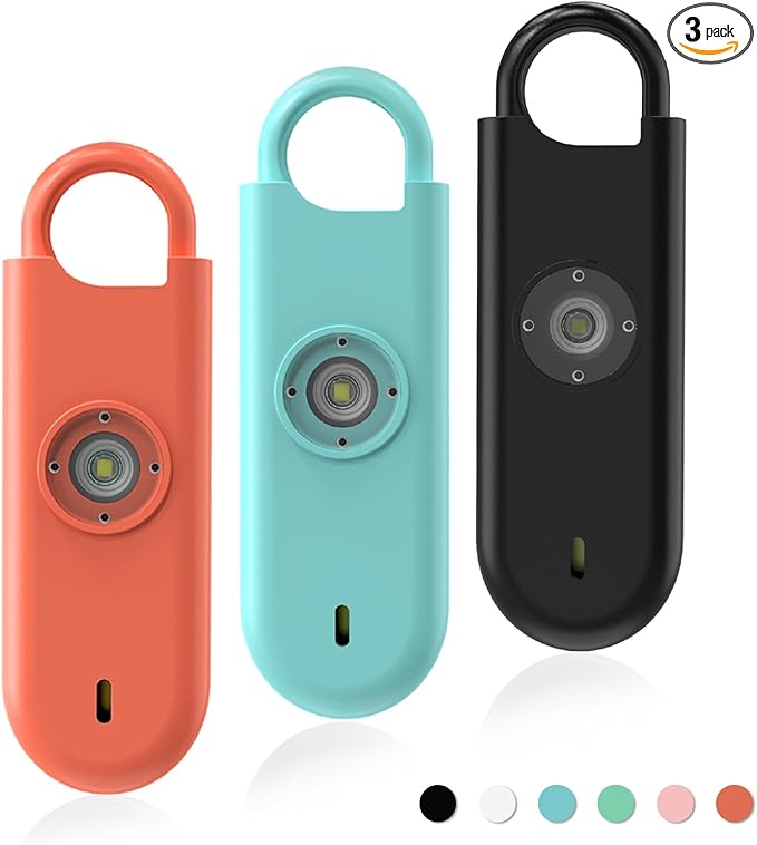 Fauxomor 140dB Personal Safety Alarm for Women, 3 Pack Safe Alarm Protection Keychain with Strobe Light & Low Battery Notice, Security Siren Self Defense for Seniors College Girls, Orange+Blue+Black