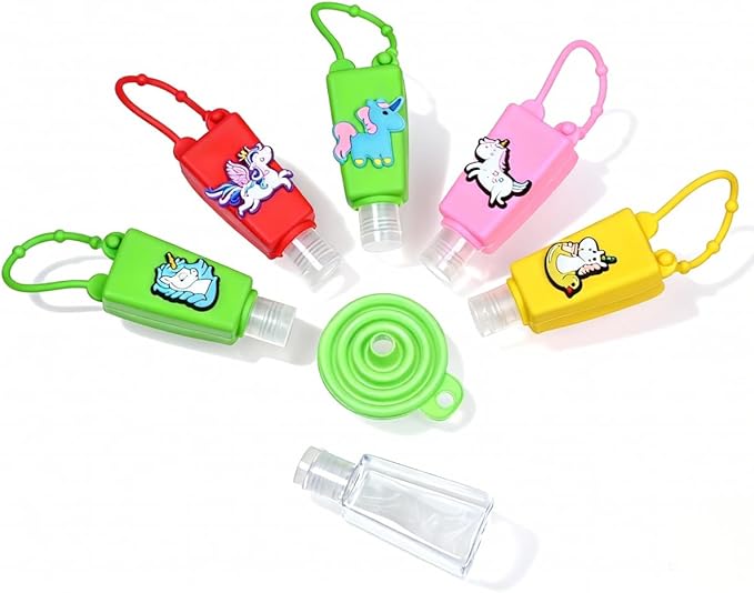 5-Pack Cartoon Kids Hand Sanitizer Holder, 30ml Travel Size Refillable Bottles with Silicone Case, Leak-Proof Portable Containers for Lotion & Liquid Soap (Magic Unicorn)