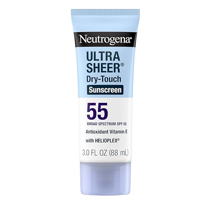 Neutrogena Ultra Sheer Dry-Touch Sunscreen SPF 55 for Face & Body, Lightweight Non Greasy Broad Spectrum UVA/UVB Protection, No White Cast, Water Resistant (80 Min) Travel Sunscreen Lotion, 3 fl oz