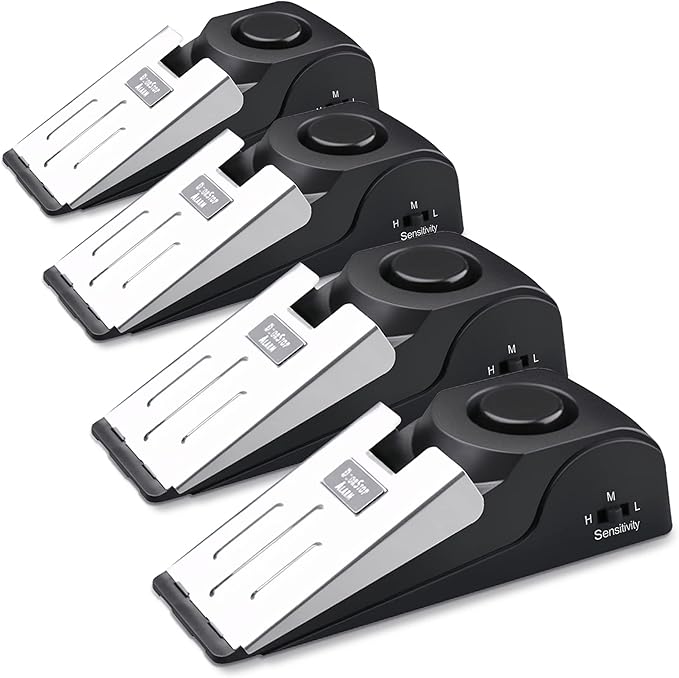 AceMining Door Stop Alarm with 120dB Siren, Floor Mount Type, Rubber Security Door Wedge for Home, Travel, Hotel, Pack of 4, Black