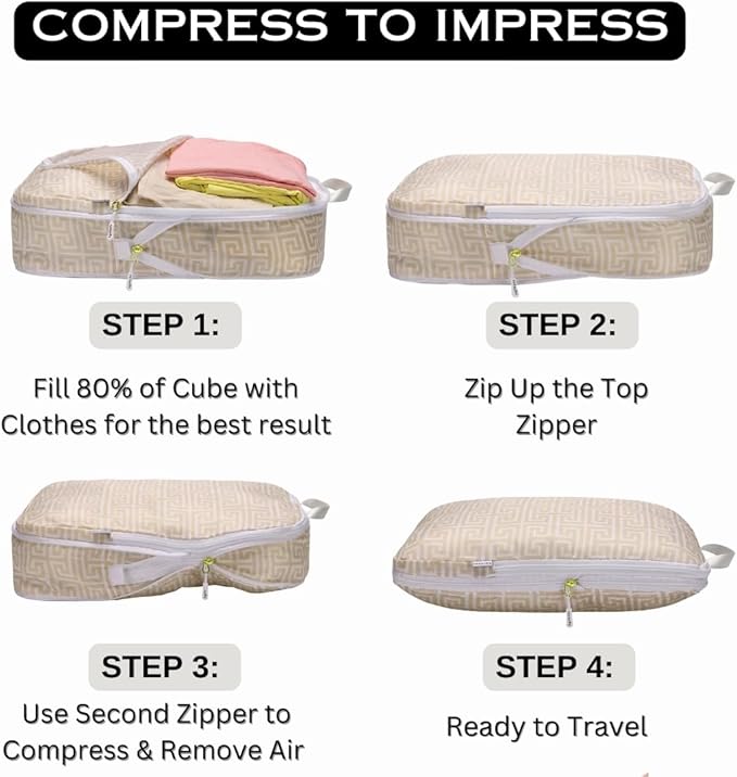 Compression Packing Cubes for Travel 6PC Set - Suitcase Organizer & Space Saver Bags for Carry On Luggage with Drawstring Backpack Beige Boho