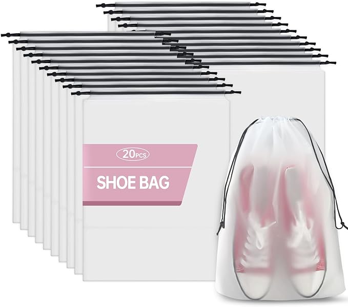 20 Pack Shoe Bags for Travel, 11.8" x 15.7" Waterproof Travel Shoe Bags for Packing, Large Clear Shoe Organizers Pouch with Rope, Portable Drawstring Shoes Storage Bag for Men & Women