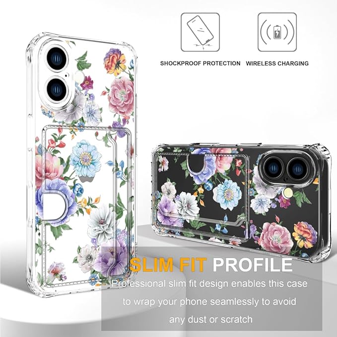 Compatible with iPhone 17 Case Card Holder for Women Cute Design,Wallet Phone Cases Transparent Cool Kawaii Protective (Clear Amazing Lovely Flowers)