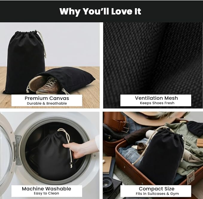 LFH Cotton Rich Shoe Storage Bags with Drawstring, Dustproof Breathable Reusable Organizer, Perfect For Travel, Dorm, Hotel, College, Gym, Machine Washable 8"x17" (Pack of 6) - Black sand