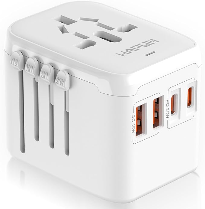 HAPOW Universal Travel Adapter, PD20W International Power Adapter, 2 USB-C & 2 USB-A Fast Charging Travel Charger, All in One Worldwide Travel Plug Adapter, Outlet Adapter for EU UK USA AU, White