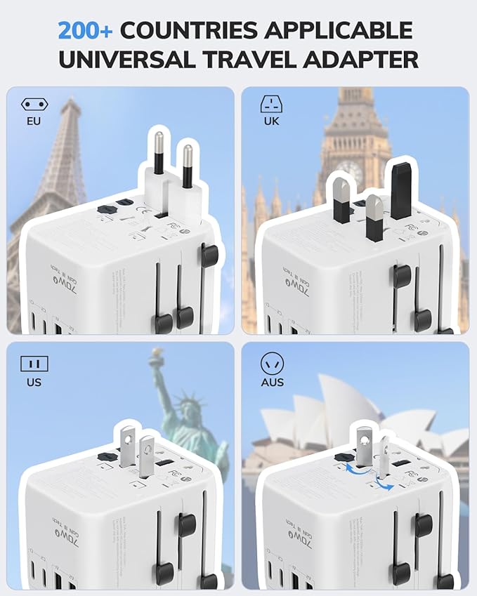 Hichain 70W GaN Universal Travel Adapter, European Travel Plug Adapter 2 USB-A & 2 USB-C Fast Charging Travel Adapter All-in-one International Power Adapter for USA EU UK AUS Travel Essentials White