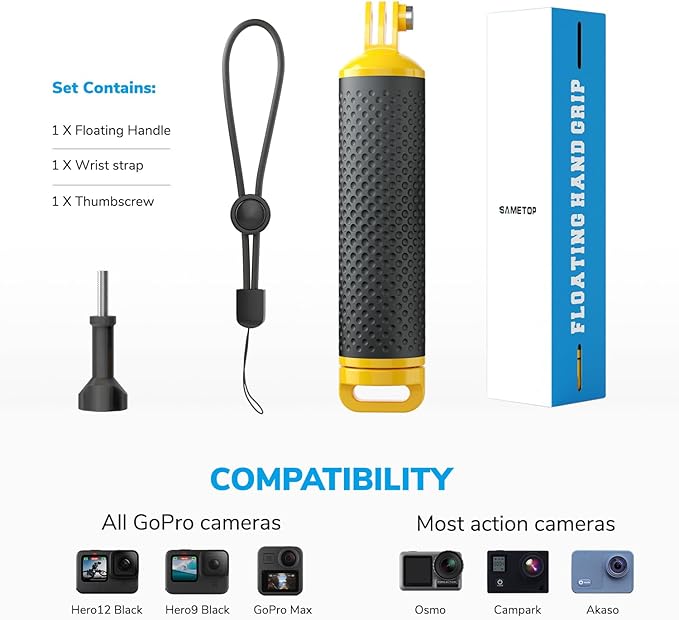 Floating Handle Grip Floaty Stick Waterproof Handler Accessory Compatible with GoPro Hero 13, 12, 11, 10, 9, 8, 7, 6, 5, 4, Session, 3+, 3, Hero(2018), Max, DJI Osmo Action Cameras (Yellow)