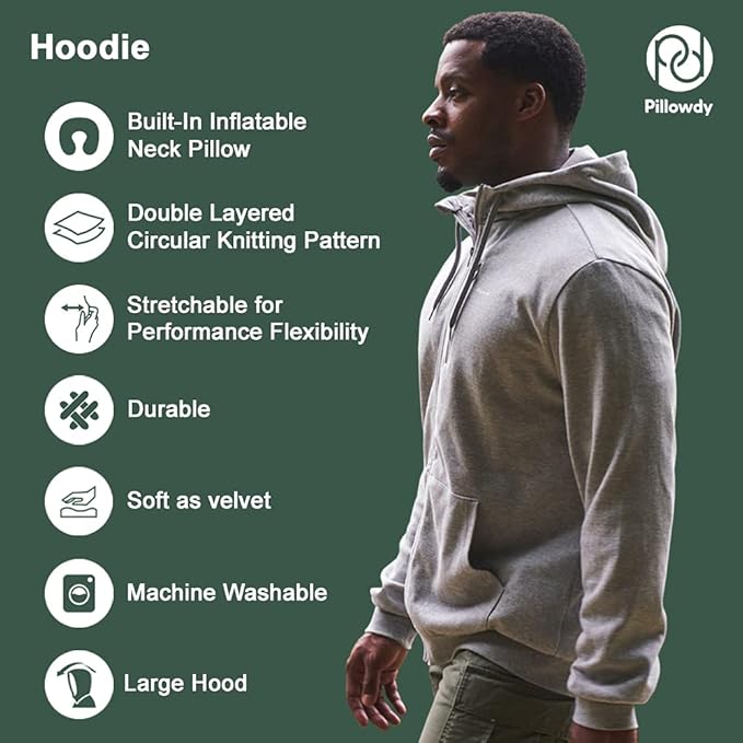 Pillowdy Full Zip Hoodie – Inflatable Built-in Travel Pillow – Comfortable Rest On-The-Go – Perfect for Airplane and Trips