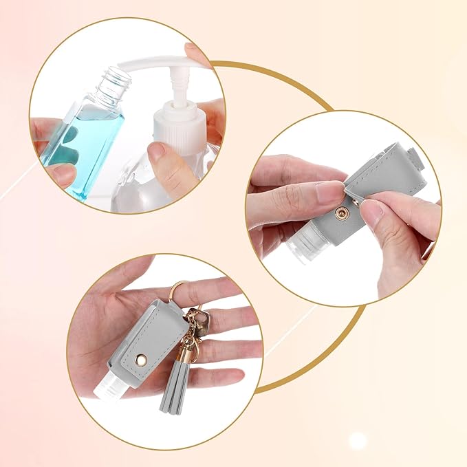 3Pcs Hand Sanitizer Keychain - 30ml Portable Leather Holder Travel Size Case With Refillable Bottle for Toiletry Lotion Liquid Soap Shampoo