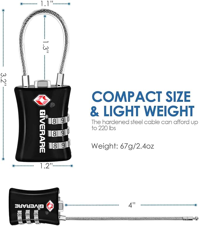 2 Pack TSA Approved Luggage Locks, Cable Suitcase Travel Lock Alloy, Set Your Own Combination Metal Zipper Padlock, 3-Digit Long Shackle Padlocks for Gym Locker, Golf Bag, Case Anti Theft-Black