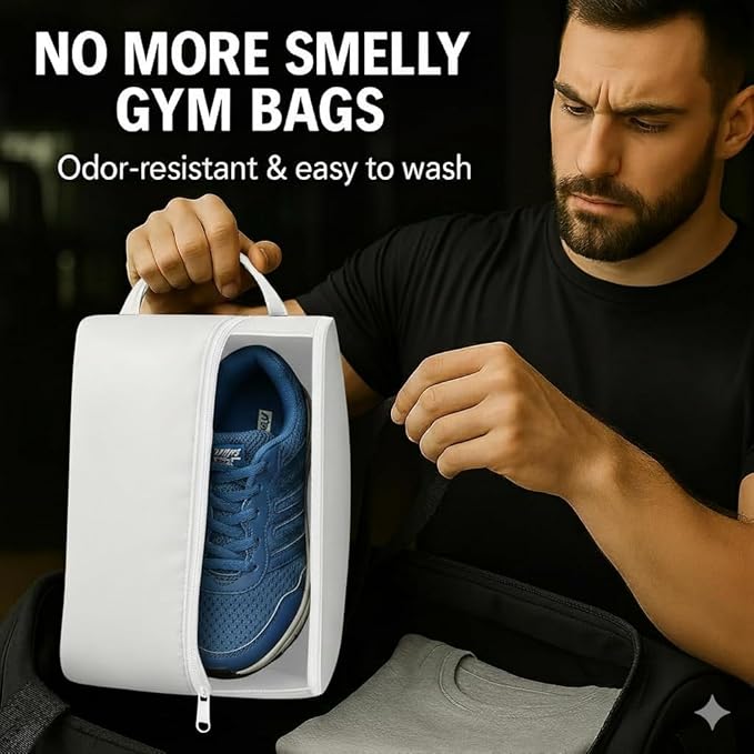 Shoe Bag for Travel, Gym & Sports – Water-Resistant Shoe Pouch with Transparent Mesh Panel, Durable Zipper & Carry Handle – Fits Men’s Size 12 – Keeps Clothes Clean & Odor-Free (White)
