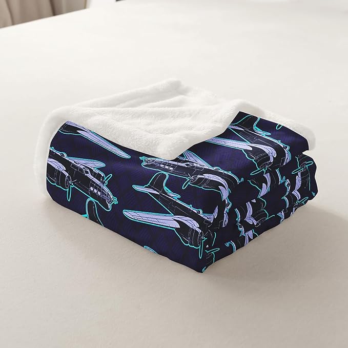 Cartoon Airplane Kids Throw Blanket with Hand-Painted Air Plane - Fuzzy, Dark Blue Fleece Blanket for Girls, Boys, and Adults - Baby Size (30 x 39 Inches)