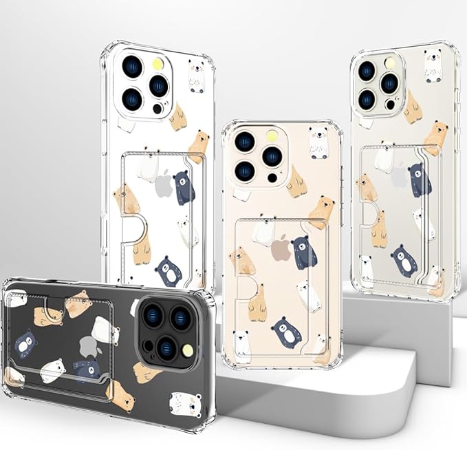 Compatible with iPhone 16 Pro Case Card Holder for Women Cute Design,Wallet Phone Cases Transparent Cool Kawaii Protective (Clear Lovely Bears Funny)