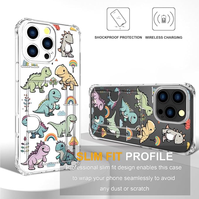 Compatible with iPhone 16 Pro Max Case Card Holder for Women Cute Design,Wallet Phone Cases Transparent Cool Kawaii Protective (Clear Lovely Dinosaurs)