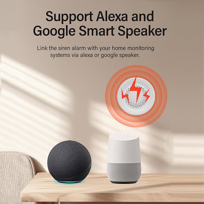WiFi Siren Alarm: Wireless Burglar Alarm for Home Security and Smart Home Automation, 100dB Sounder, Tuya App Control, No Hub Required, Compatible with Alexa, Google Assistant