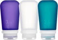 humangear GoToob+ Bottles - Silicone Leak-Proof Travel Tubes for Toiletries, Camping & TSA Carry-On (3-Pack), Large (3.4 fl oz; 100ml), Clear/Purple/Teal