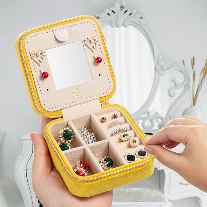ZPROW Plush Velvet Travel Jewelry Case, Organizer, Box, Small Case for Women, Earring Organizer with Mirror, Best Gifts For Daughter, Girlfriend, Mom | Gifts For Her - Yellow
