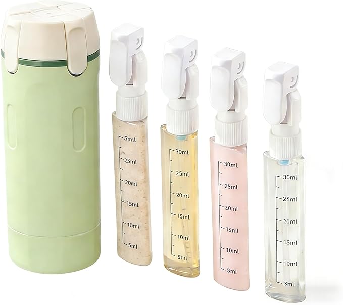 Travelers' Portable Leakproof Plastic 4-in-1 Toiletry Dispenser Set Refillable Shampoo Lotion Containers for Business Trip Gym Shower Essentials (Green)