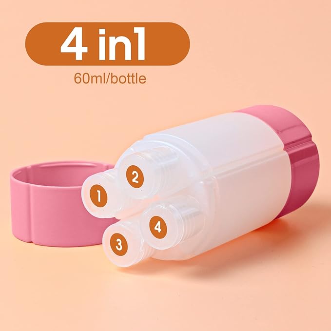 Travel Bottle, TSA approved 4-in-1 Leak-Proof Bottle, 4 * 60ml/2oz, with 2 Pre-printed Labels for Travel Gym Camping, Carry-On Travel Size Toiletries Shampoo Lotion Bottle(Pink+Orange+Blue+Purple)