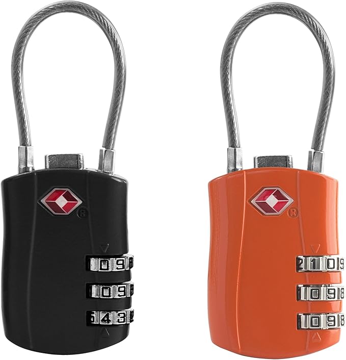 Luggage Locks TSA Approved, Small Padlock Combination, TSA Locks for Luggage, Suitcase, Travel Essentials, Combo Padlock with Cable, for Backpack, Bag, Zipper, Locker, Case, Box (2-Pack)