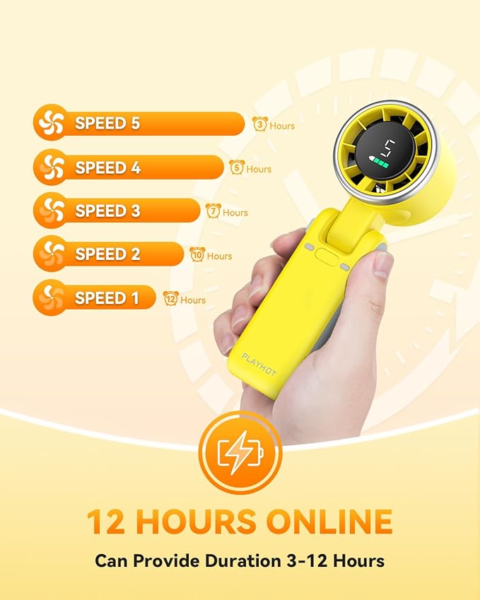 PlayHot Portable Handheld Turbo Fan, 5-Speed Personal Fans, 5000mAh Rechargeable Fans Up to 12 Hours, Weight only 0.6lb Small Fan, Hand/Neck/Desk Fan 3 IN 1, Beach Vacation Essentials(Yellow)
