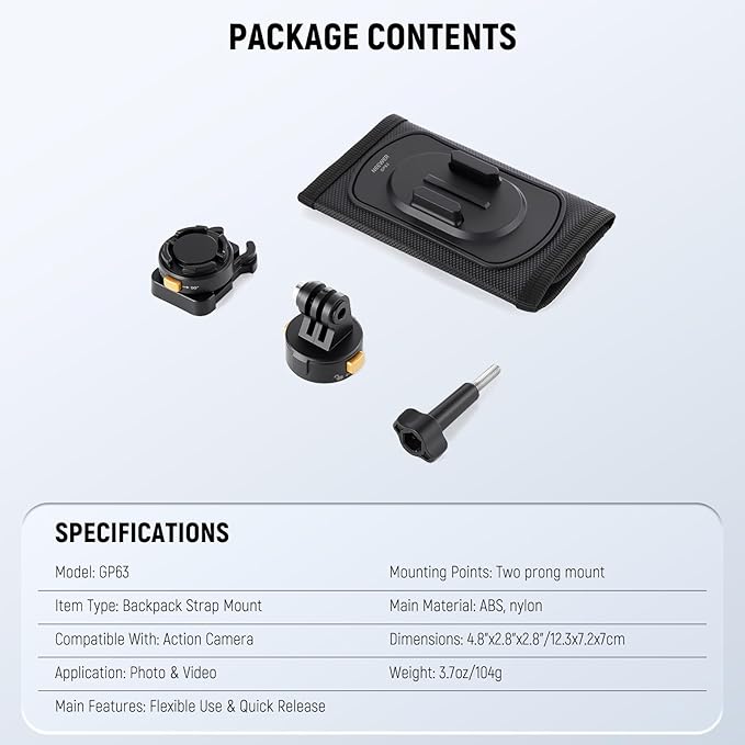 NEEWER Backpack Shoulder Chest Strap Mount Compatible with GoPro DJI Insta360 Action Cameras, 360° Camera Backpack Clip Holder Quick Release & One Toggle Switch for Photography Video Recording, GP63