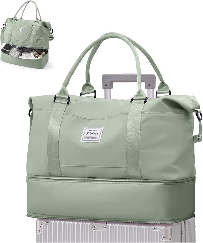 Travel Duffel Bag, 18x14x8 Inches Travel Bag Spirit with Shoes Compartment, Weekender Overnight Bag for Women with Trolley Sleeve, Carry On Bag for Airplanes Sport Tote Gym Bag(BeigeGreen).