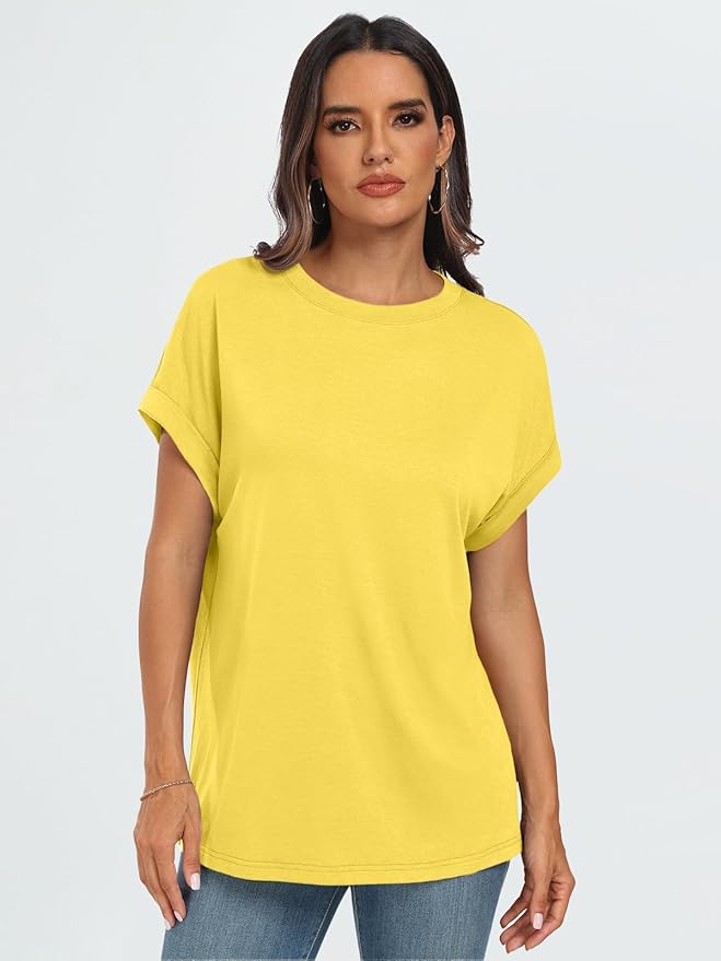 AUTOMET Women's Oversized Short Sleeve T Shirts Casual Drop Shoulder Rolled Cuff Summer Tops for Work, Travel and Lounge