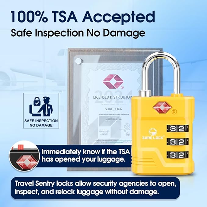 SURE LOCK TSA Approved Luggage Lock – 3-Digit Resettable Combination Padlock with Open Alert Red Dot, Large Easy-Read Dials for Suitcases, Backpacks, Gym & School Lockers(Yellow 2 pk)
